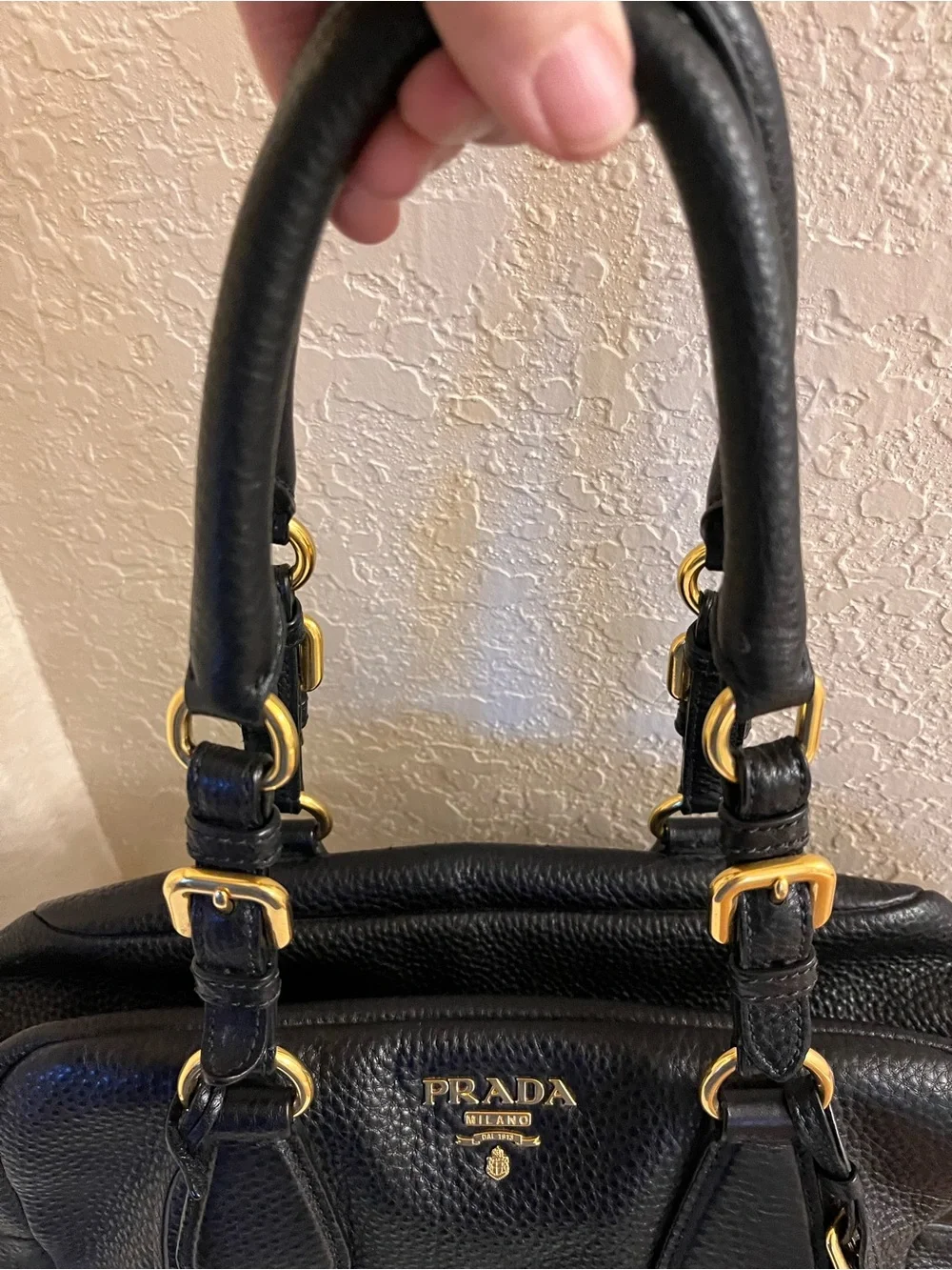 Prada Vintage Nero Pebble Leather Vitello Daino Bauletto Satchel, Gold Hardware
